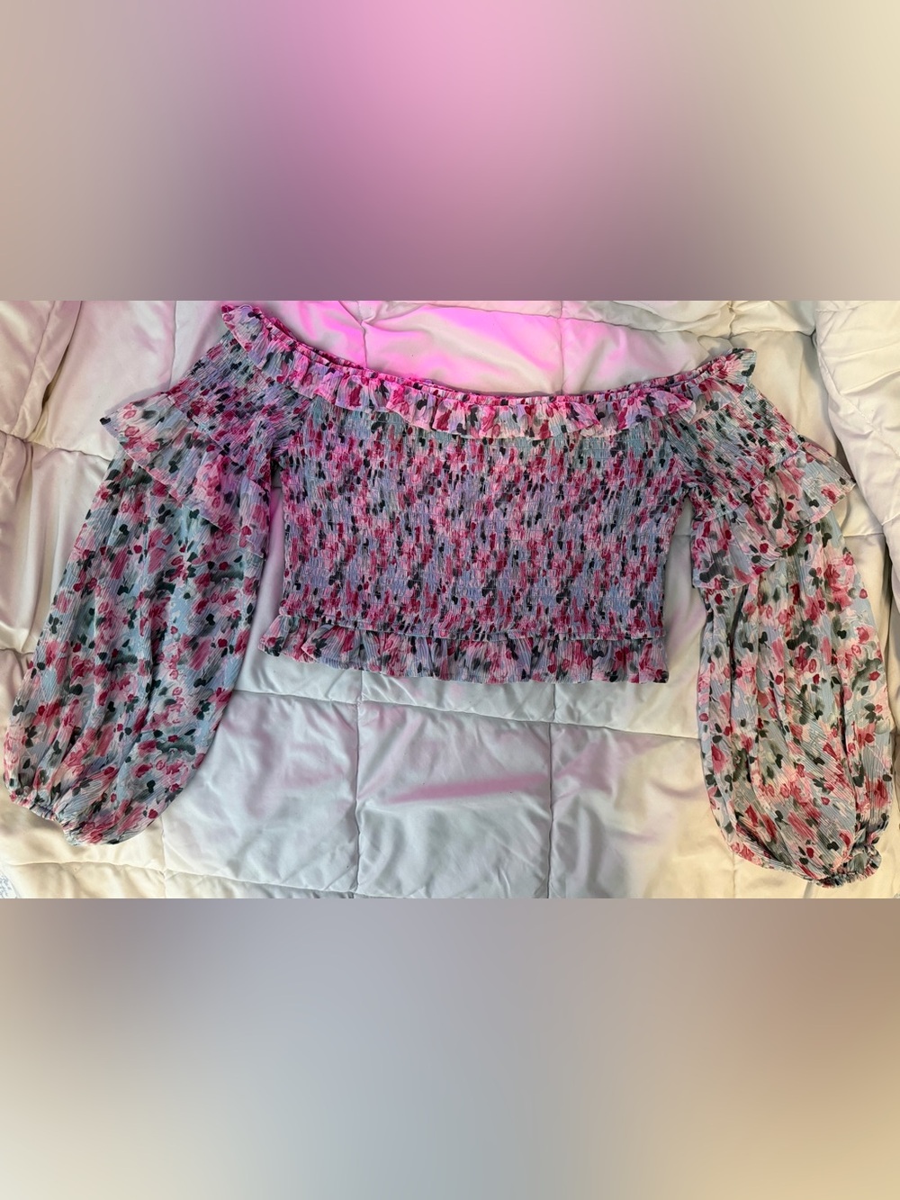Lulu's Pink Floral Smocked Off-Shoulder Crop Top